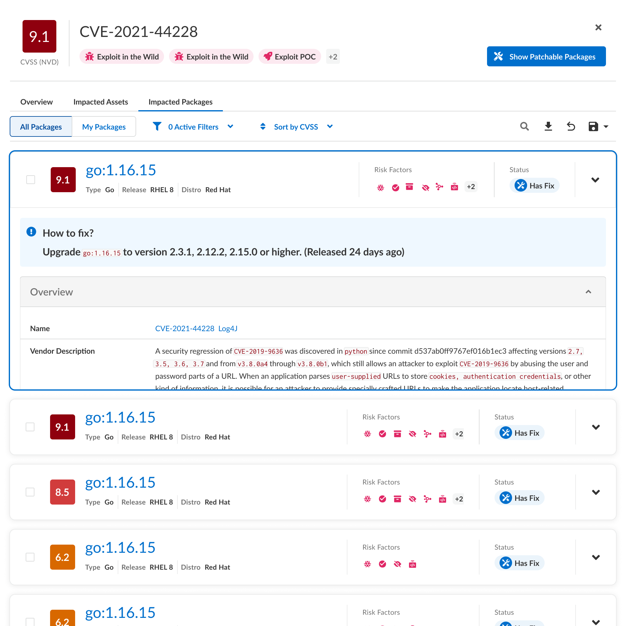 Impacted Packages tab