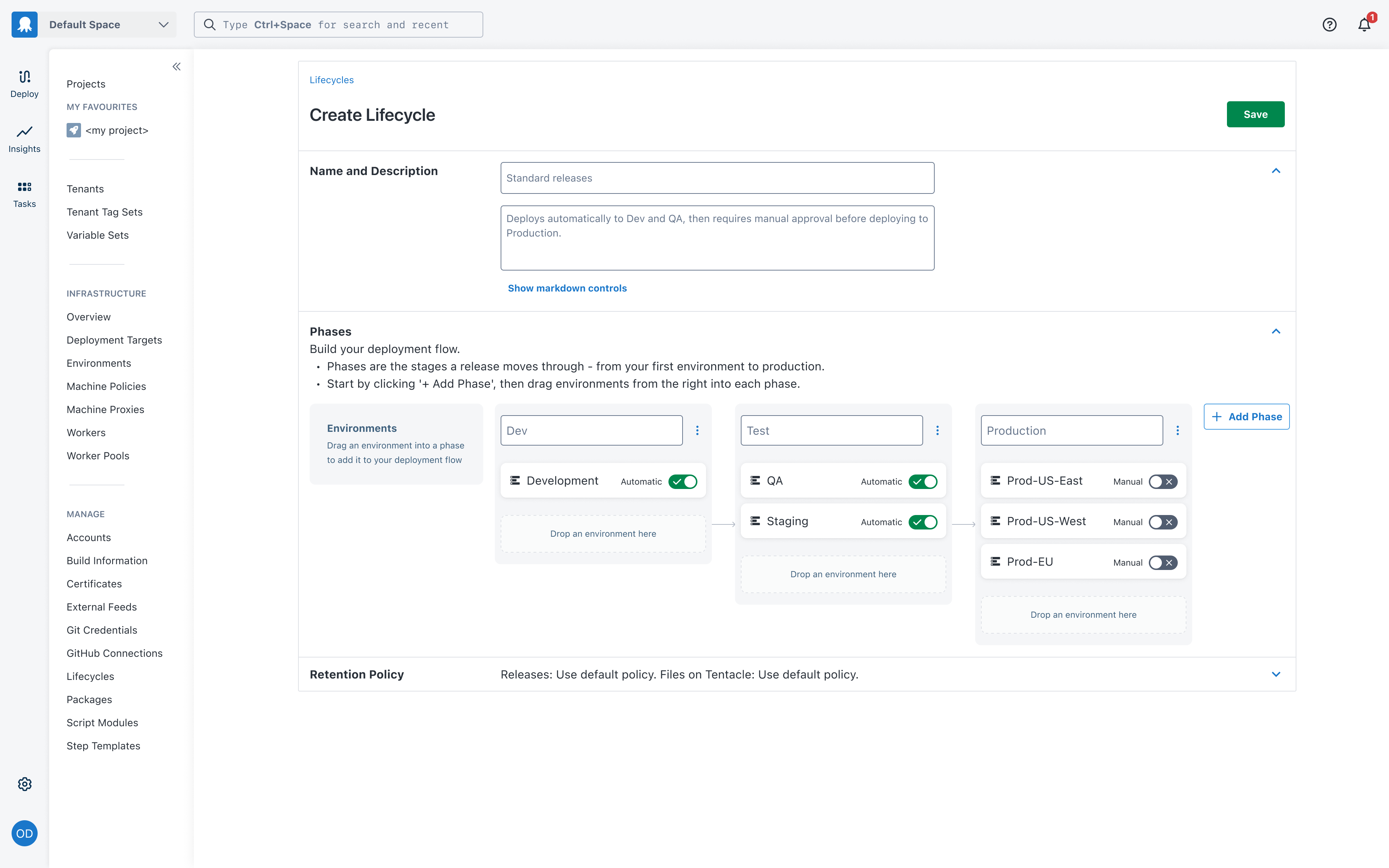 Completed lifecycle in the Kanban builder - phases as columns with environments dragged in