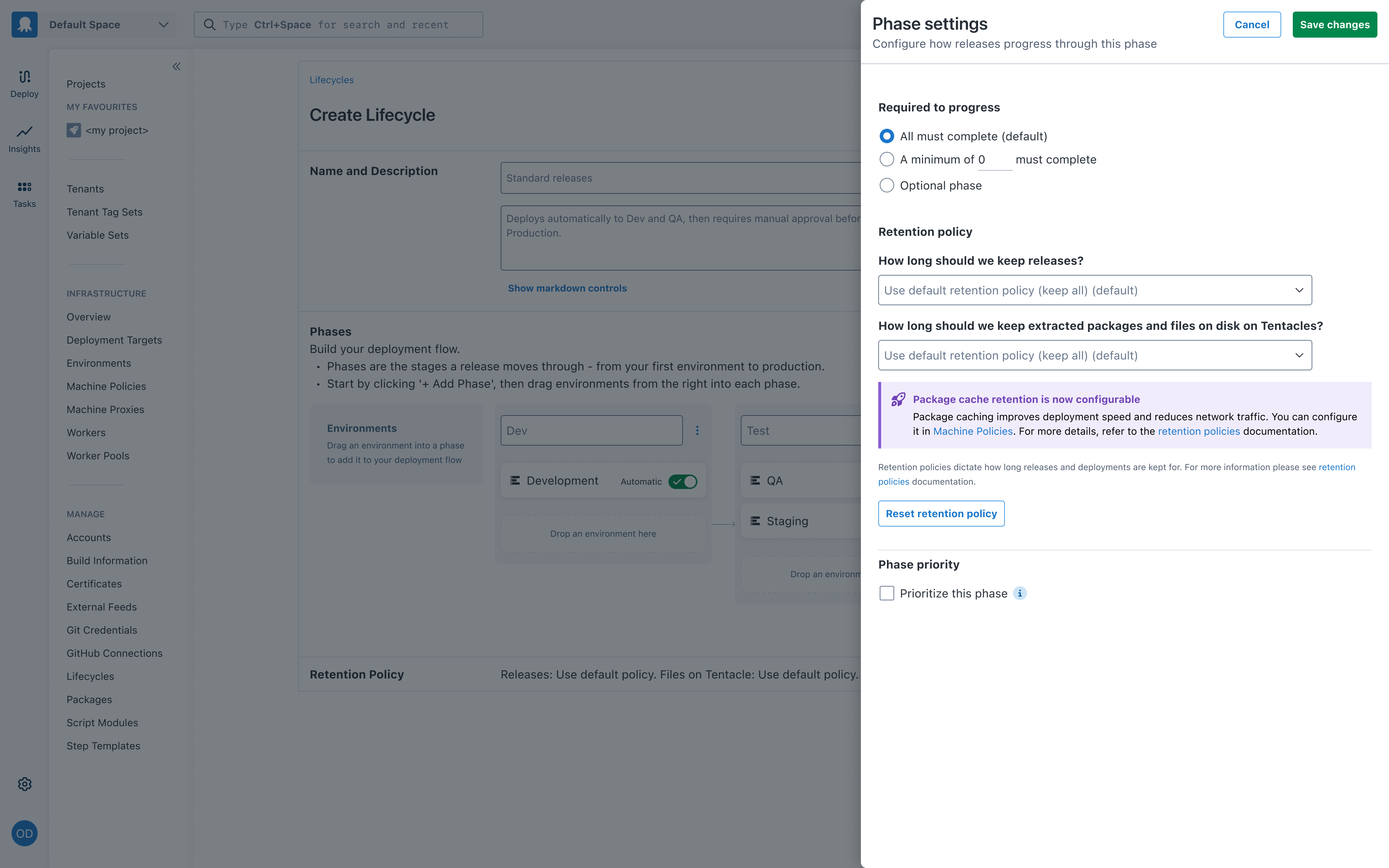 Phase settings drawer open alongside the lifecycle Kanban board