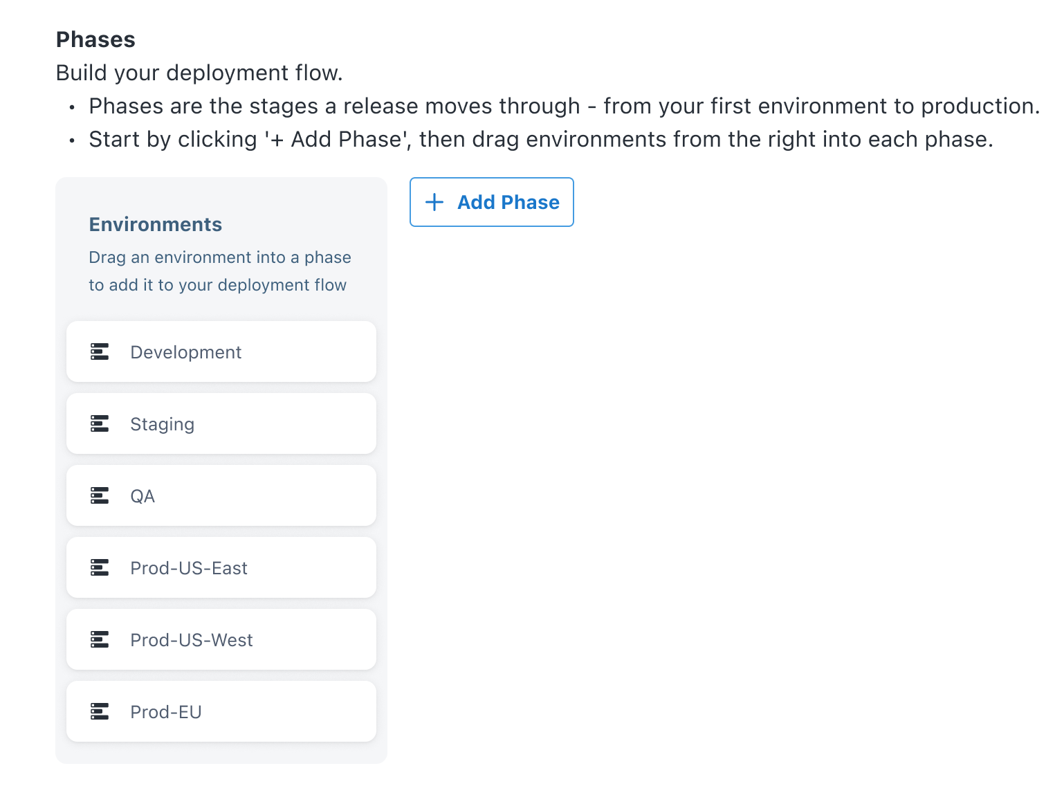 Kanban phase builder - phases section and environments panel annotated