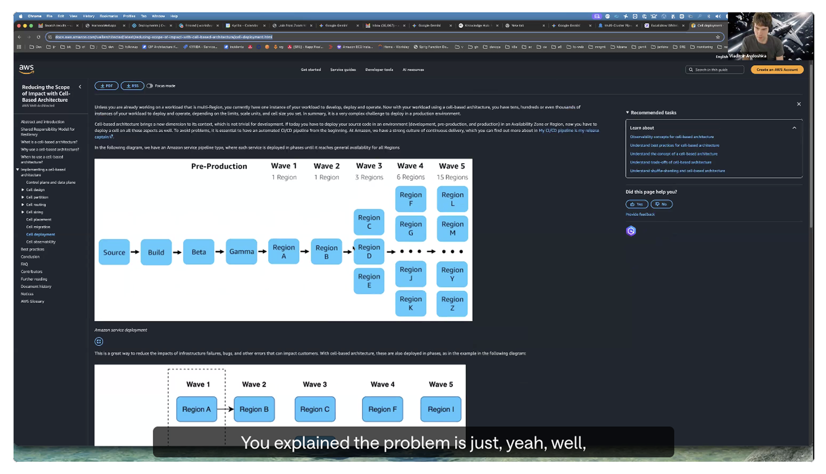 User call screenshot - participant shares AWS cell-based architecture docs showing deployment waves (Wave 1 through Wave 5) with environments flowing through columns