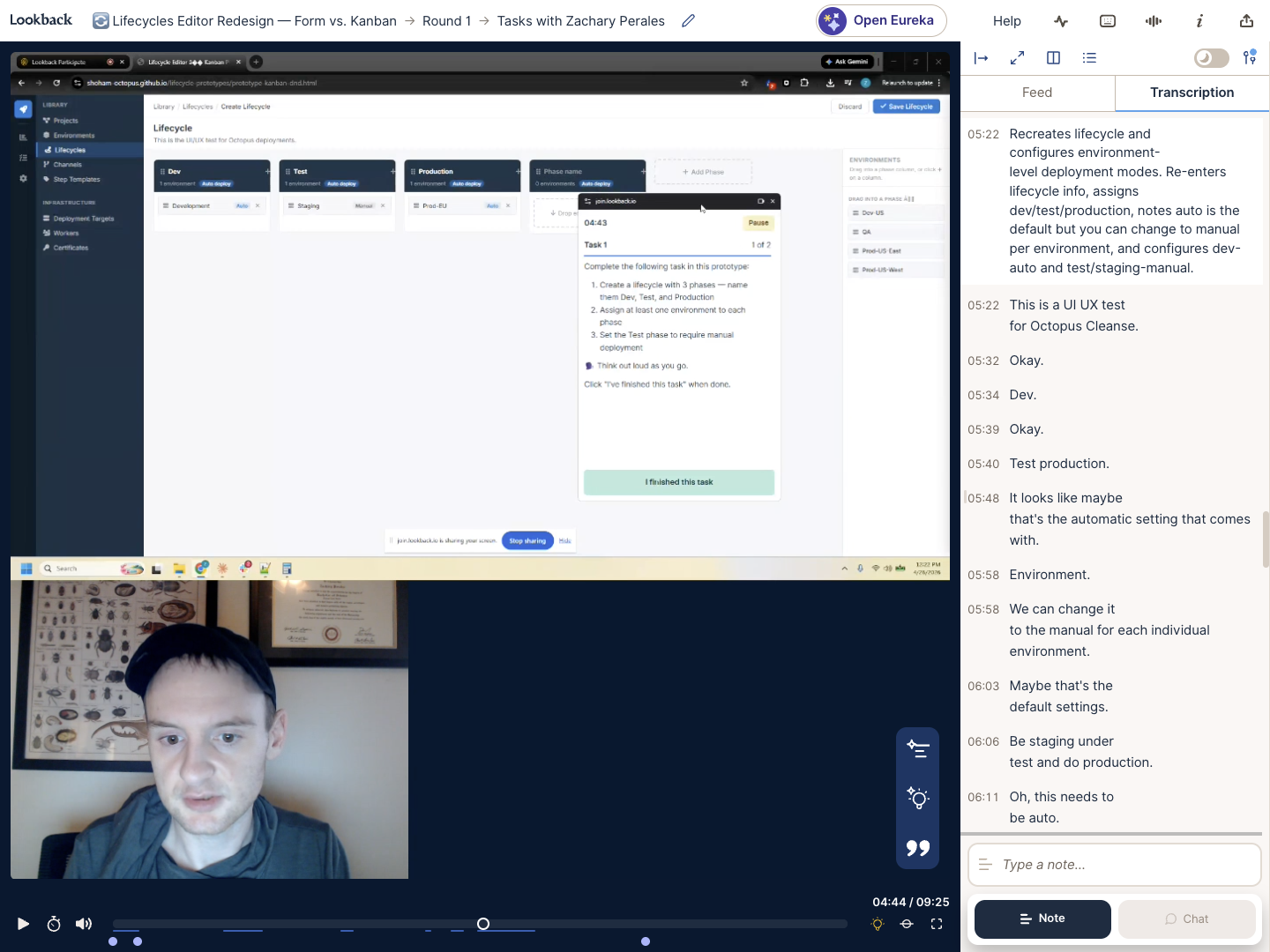 Lookback session - Zachary Perales testing the Kanban prototype, transcription visible on the right