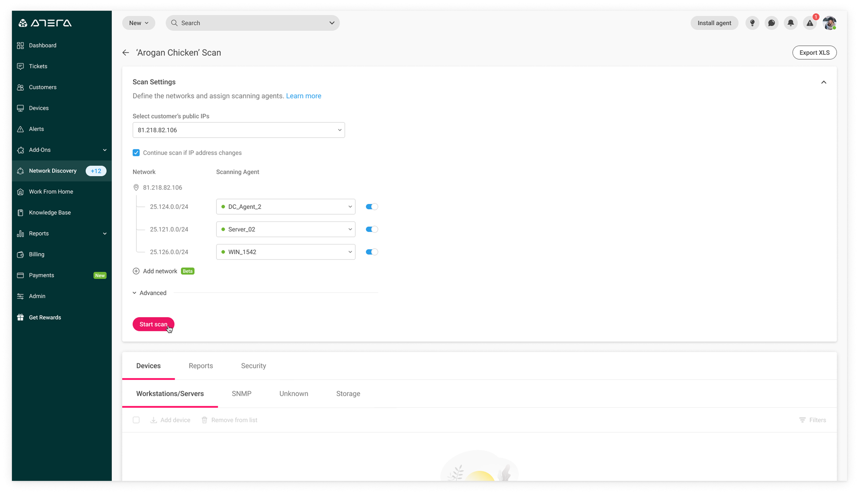 Scan Settings — IP ranges and scanning agents