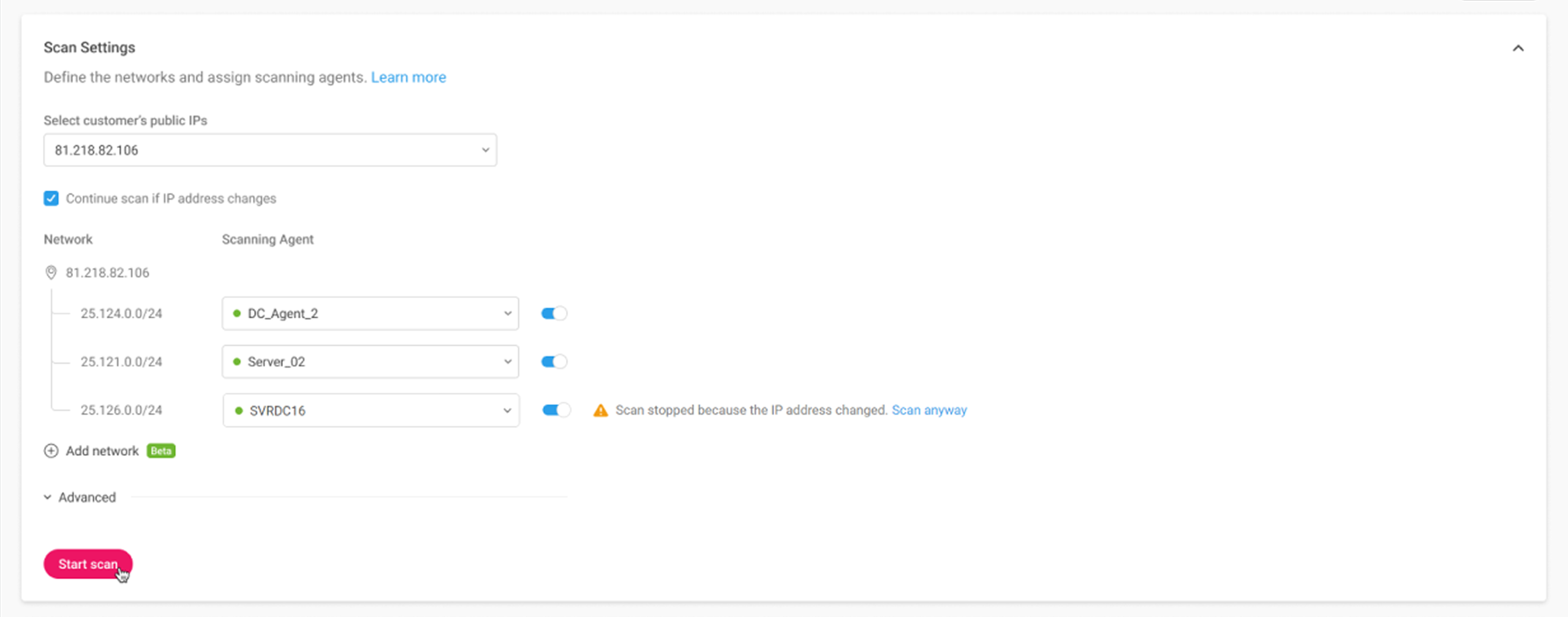Scan stopped — IP address changed