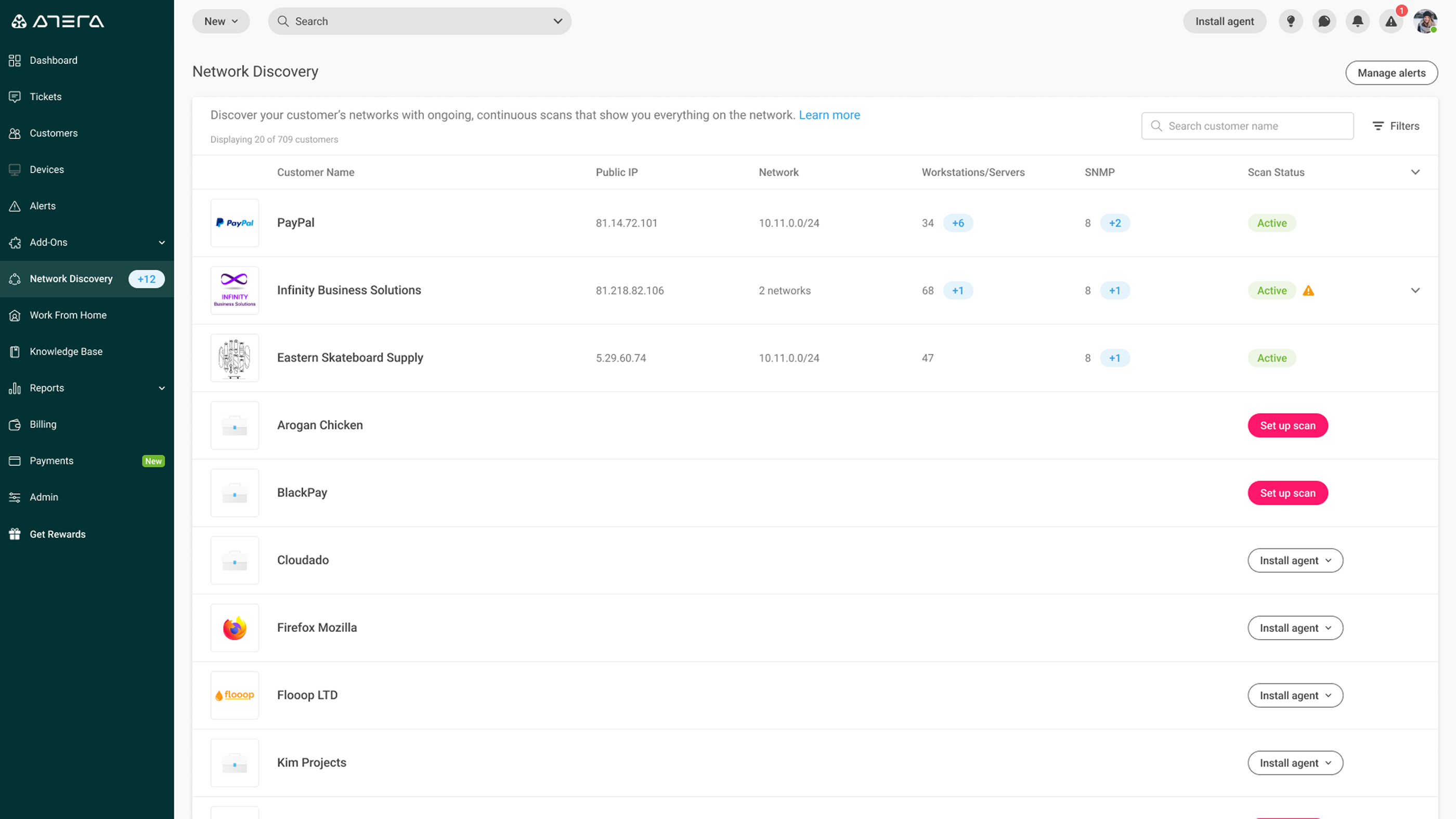 Network Discovery — customers list