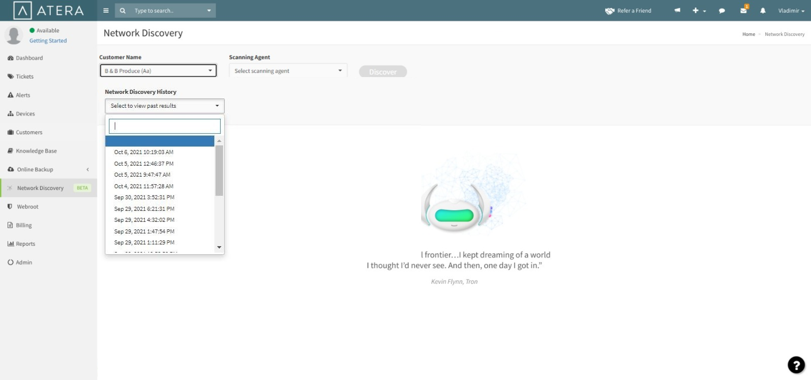 Old Network Discovery UI — customer and agent selection