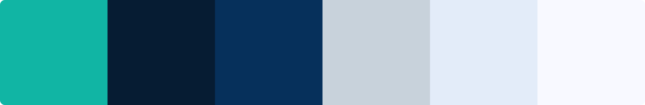 The six-colour palette: teal, dark navy, blue, silver, sky, near-white