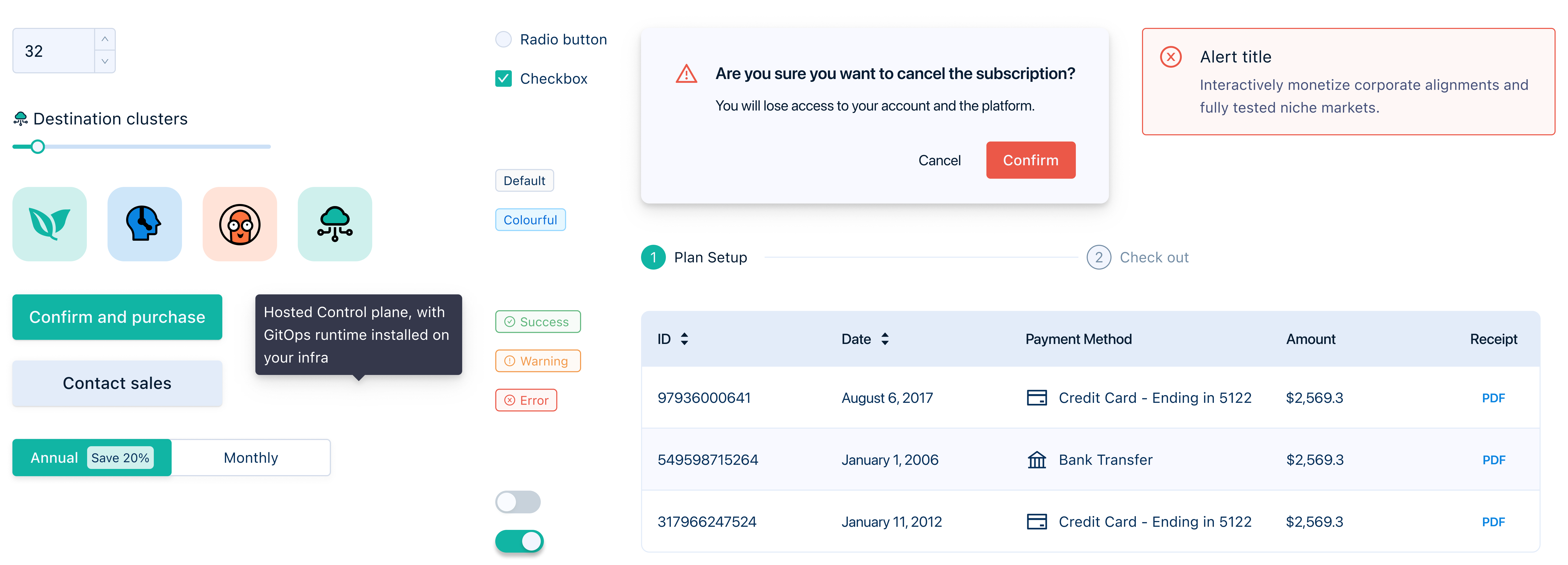 Component library - form controls, status states, billing table, payment method