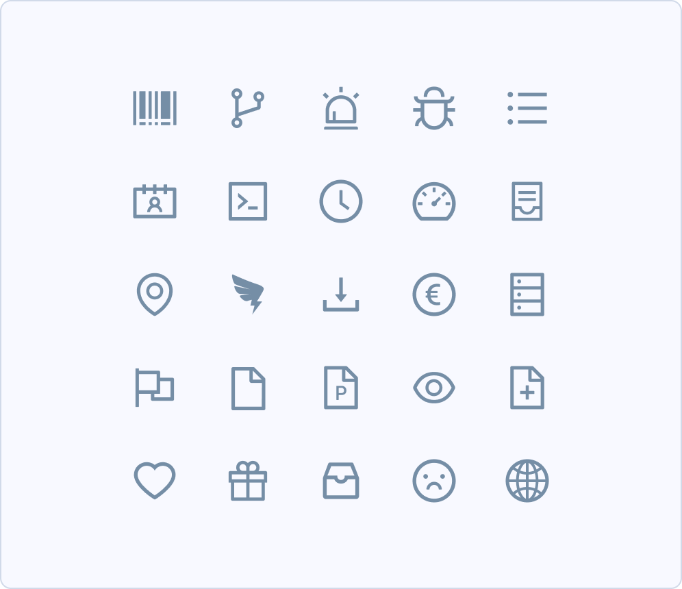 25 line icons on a light blue-gray background grid
