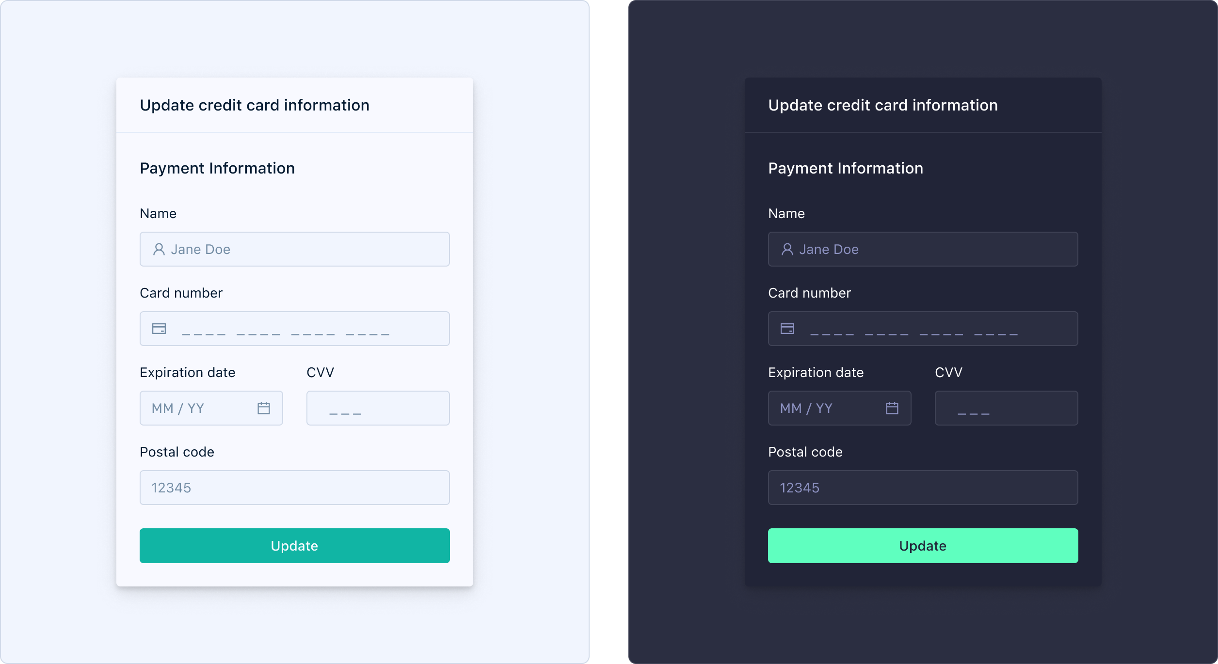Subscription form in light mode (left) and dark mode (right)