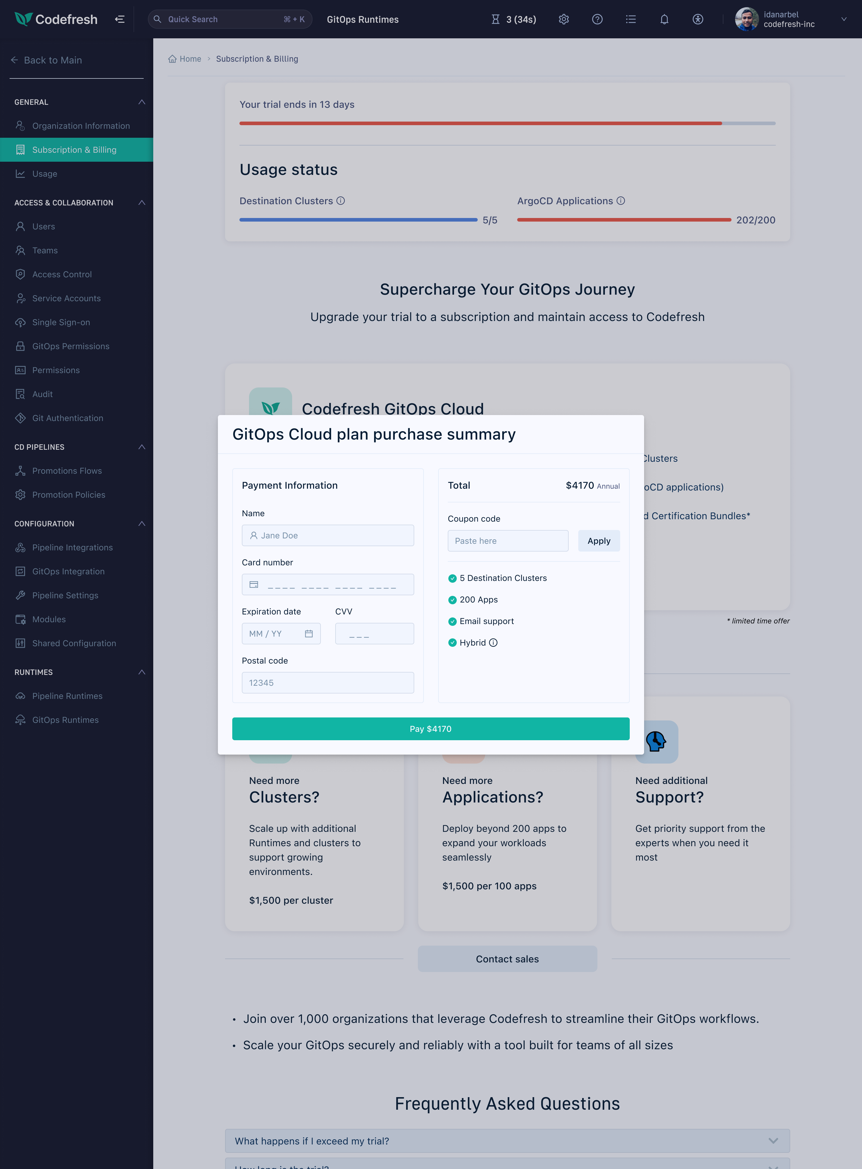 Phase 1 - inline checkout modal with support tier cards