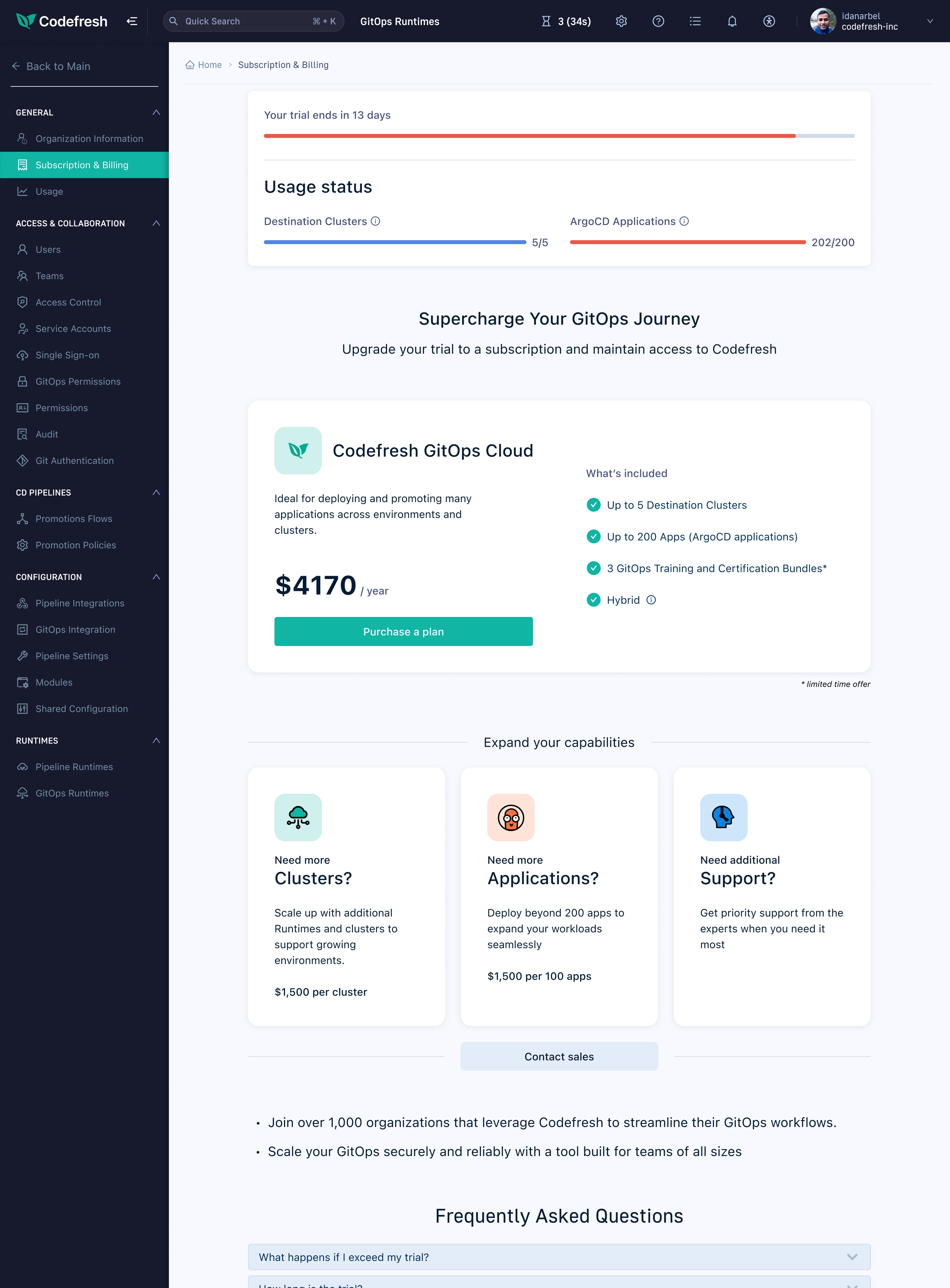 Phase 1 - subscription page with usage bars and plan card