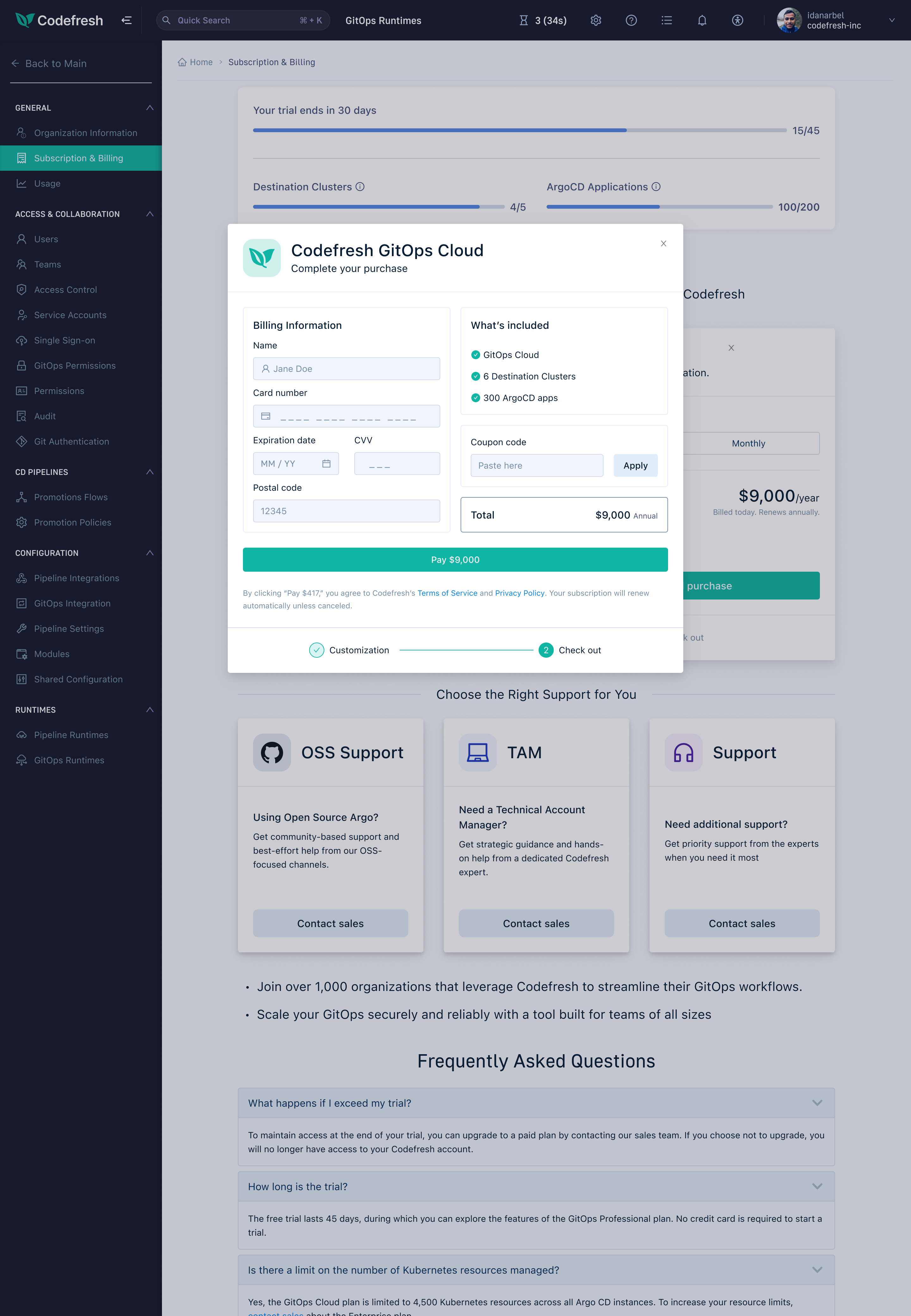 Phase 2 - two-column checkout modal with order summary