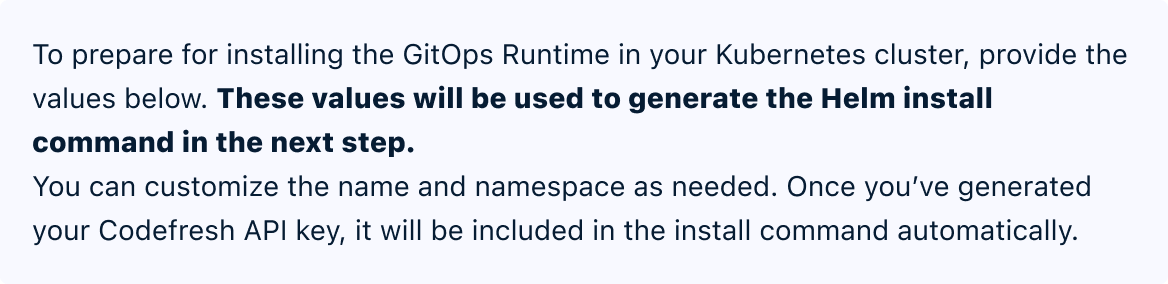 New flow: intro instructions explaining that these values generate the Helm command in the next step