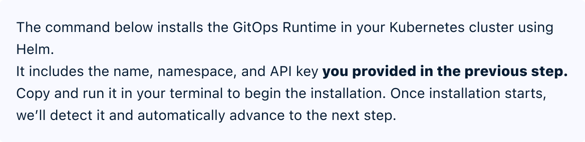 New flow: instructions explaining the command includes the values from the previous step