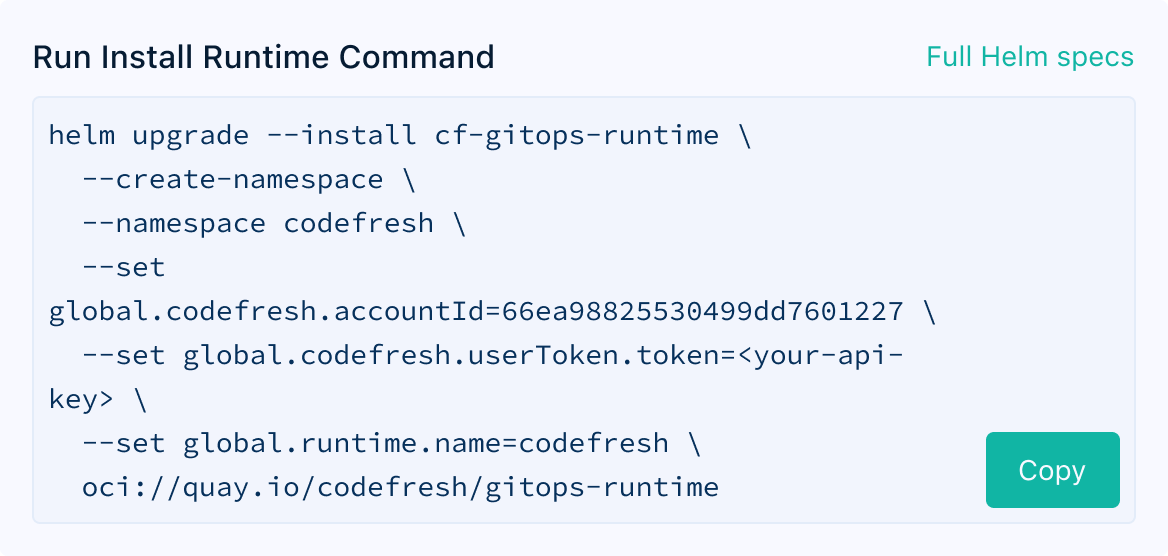 New flow: Run Install Runtime Command — readable Helm command with a clear Copy button